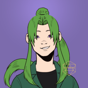 A cartoon of a Japanese man. He has bright green hair tied up in a ponytail. He is looking at the viewer and smiling