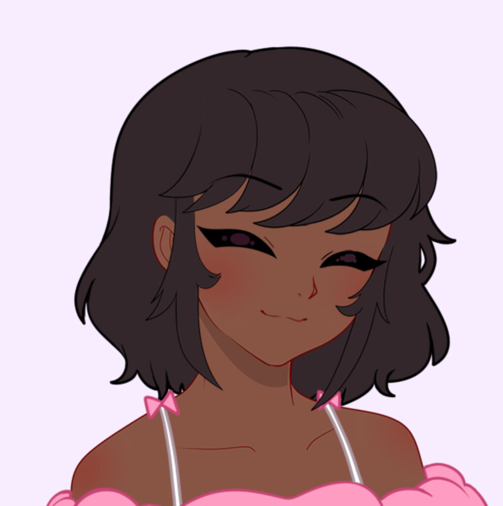 A cartoon of a black woman wearing a black full lace wig that’s styled into a bob. She has her eyes closed and is smiling