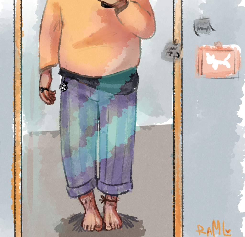 An art of a mirror's reflection of a man in the warm color sweater and striped wide leg pants